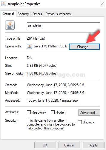 Sample.jar Properties General Tab Opens With Change